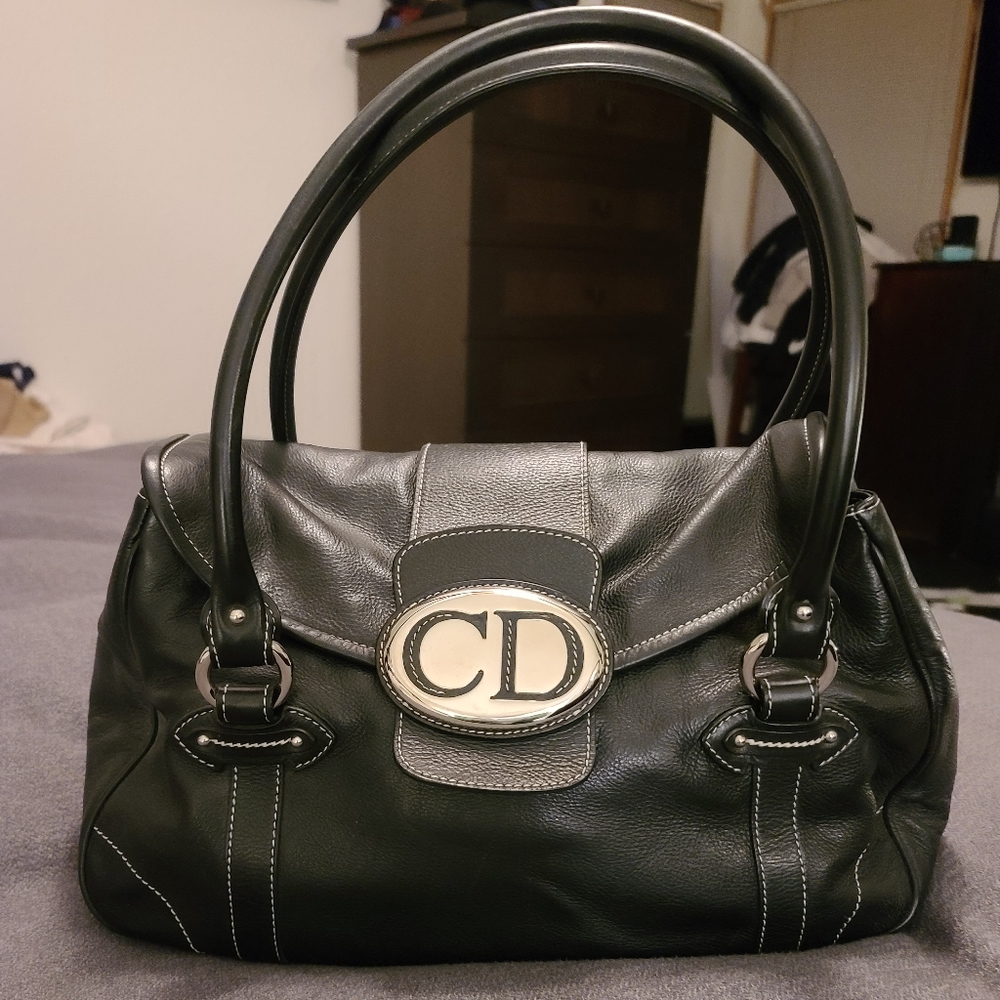 Christian Dior Vintage Black Leather "CD" Flap Shoulder Handbag